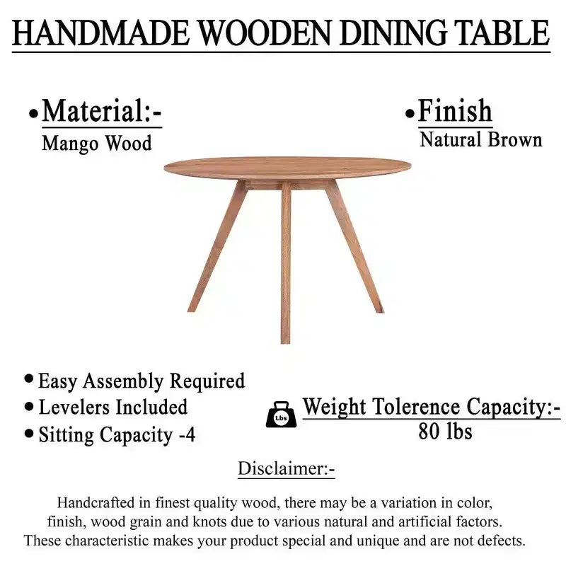 Table de salle à manger Royal Hampton | Plateau rond de 120 cm | Bois de manguier naturel marron fait main | Piétement oblique à quatre pieds
