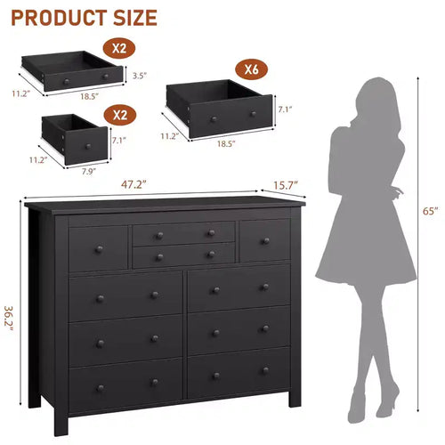 Commode à 10 tiroirs pour chambre à coucher, commode en bois de 120 cm de large, organisateur de rangement de vêtements, meuble TV pour salon, couloir, chambre à coucher