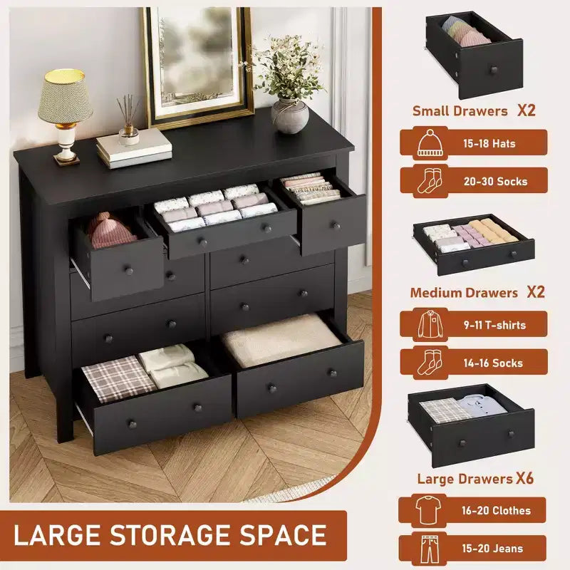 Commode à 10 tiroirs pour chambre à coucher, commode en bois de 120 cm de large, organisateur de rangement de vêtements, meuble TV pour salon, couloir, chambre à coucher