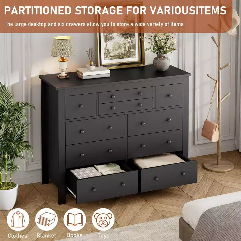 Commode à 10 tiroirs pour chambre à coucher, commode en bois de 120 cm de large, organisateur de rangement de vêtements, meuble TV pour salon, couloir, chambre à coucher
