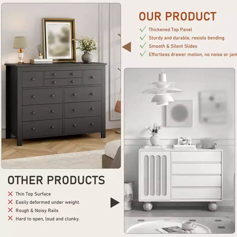Commode à 10 tiroirs pour chambre à coucher, commode en bois de 120 cm de large, organisateur de rangement de vêtements, meuble TV pour salon, couloir, chambre à coucher