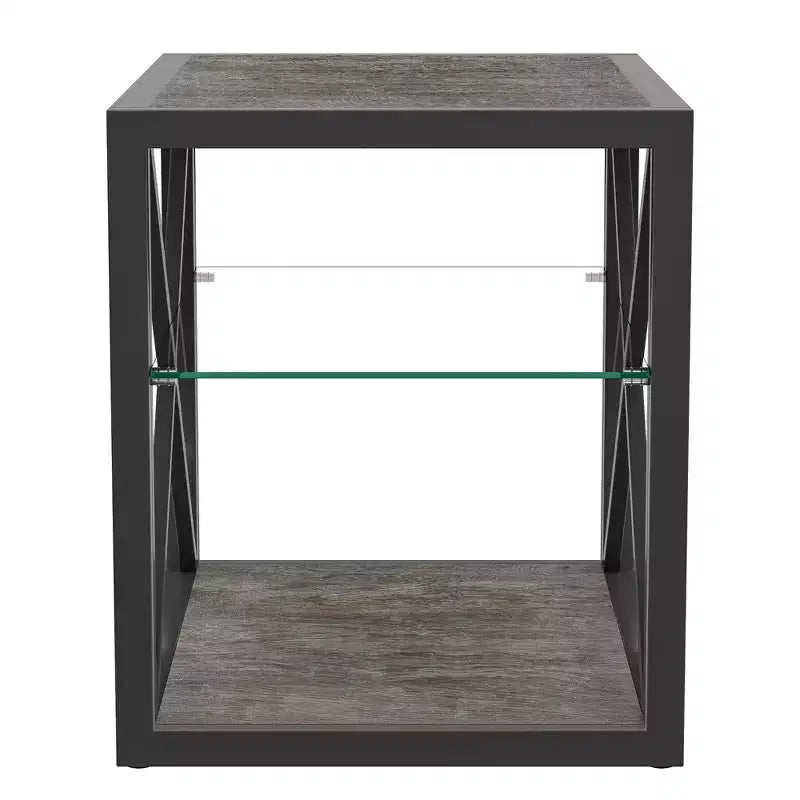 Table de Chevet/d'Appoint Industrielle Moderne - Dessus en Verre Trempé et Bois MDF Naturel avec Cadre Métallique pour Chambre et Salon