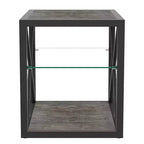 Table de Chevet/d'Appoint Industrielle Moderne - Dessus en Verre Trempé et Bois MDF Naturel avec Cadre Métallique pour Chambre et Salon