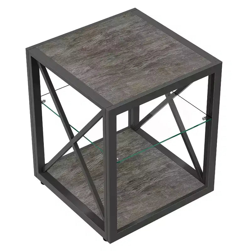 Table de Chevet/d'Appoint Industrielle Moderne - Dessus en Verre Trempé et Bois MDF Naturel avec Cadre Métallique pour Chambre et Salon