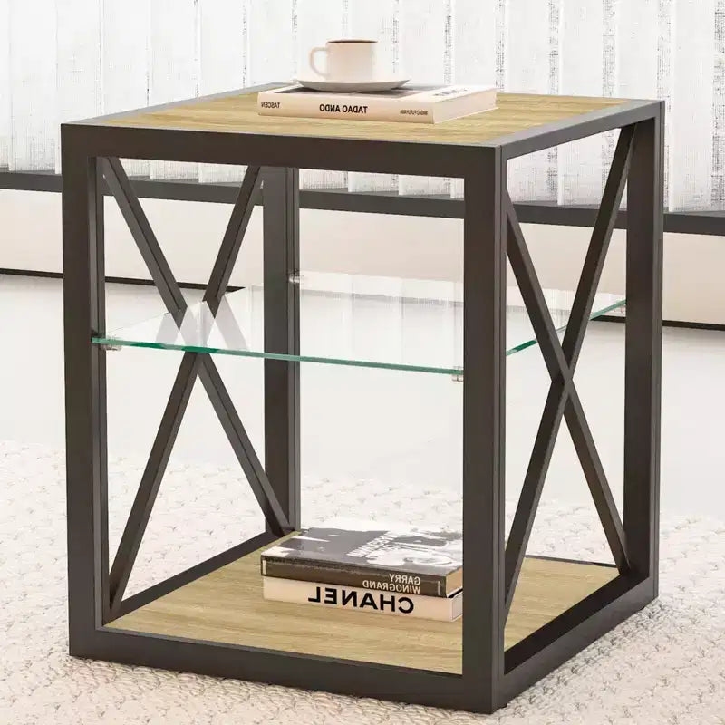 Table de Chevet/d'Appoint Industrielle Moderne - Dessus en Verre Trempé et Bois MDF Naturel avec Cadre Métallique pour Chambre et Salon