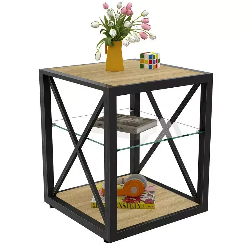 Table de Chevet/d'Appoint Industrielle Moderne - Dessus en Verre Trempé et Bois MDF Naturel avec Cadre Métallique pour Chambre et Salon