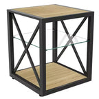Table de Chevet/d'Appoint Industrielle Moderne - Dessus en Verre Trempé et Bois MDF Naturel avec Cadre Métallique pour Chambre et Salon