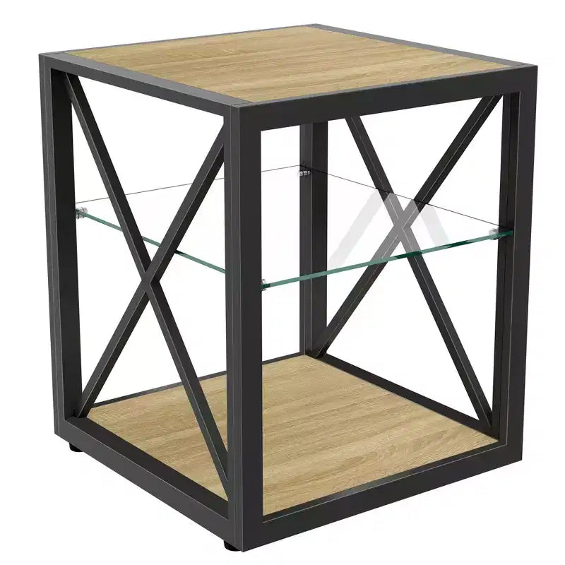 Table de Chevet/d'Appoint Industrielle Moderne - Dessus en Verre Trempé et Bois MDF Naturel avec Cadre Métallique pour Chambre et Salon