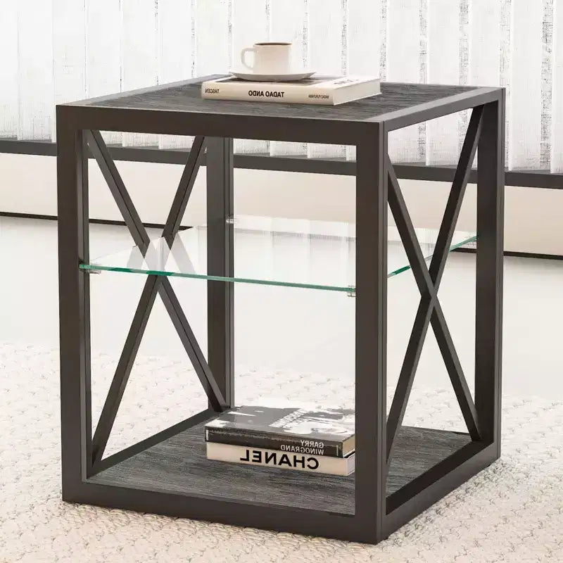 Table de Chevet/d'Appoint Industrielle Moderne - Dessus en Verre Trempé et Bois MDF Naturel avec Cadre Métallique pour Chambre et Salon