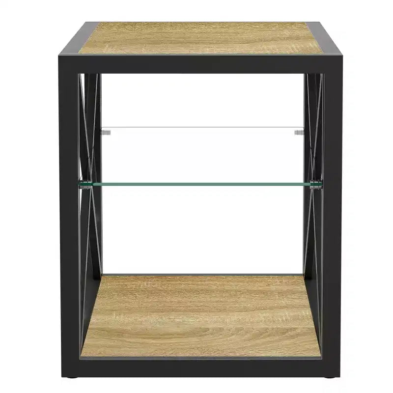 Table de Chevet/d'Appoint Industrielle Moderne - Dessus en Verre Trempé et Bois MDF Naturel avec Cadre Métallique pour Chambre et Salon
