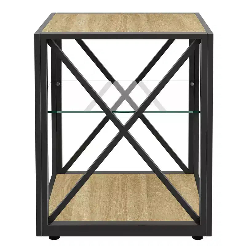 Table de Chevet/d'Appoint Industrielle Moderne - Dessus en Verre Trempé et Bois MDF Naturel avec Cadre Métallique pour Chambre et Salon