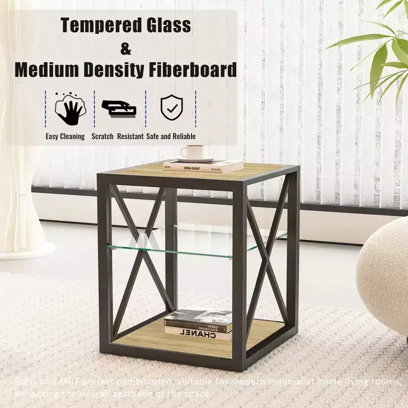 Table de Chevet/d'Appoint Industrielle Moderne - Dessus en Verre Trempé et Bois MDF Naturel avec Cadre Métallique pour Chambre et Salon