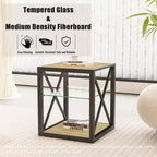 Table de Chevet/d'Appoint Industrielle Moderne - Dessus en Verre Trempé et Bois MDF Naturel avec Cadre Métallique pour Chambre et Salon