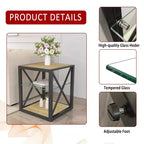 Table de Chevet/d'Appoint Industrielle Moderne - Dessus en Verre Trempé et Bois MDF Naturel avec Cadre Métallique pour Chambre et Salon