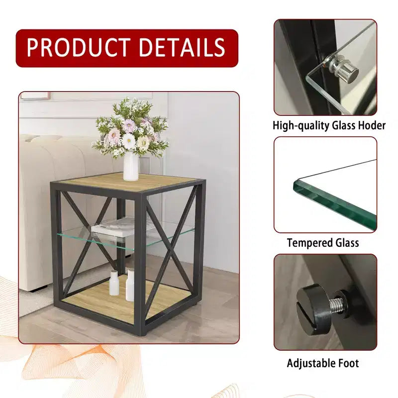 Table de Chevet/d'Appoint Industrielle Moderne - Dessus en Verre Trempé et Bois MDF Naturel avec Cadre Métallique pour Chambre et Salon