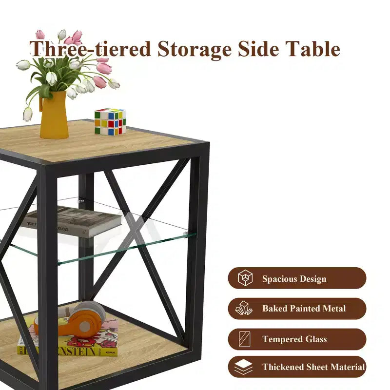 Table de Chevet/d'Appoint Industrielle Moderne - Dessus en Verre Trempé et Bois MDF Naturel avec Cadre Métallique pour Chambre et Salon