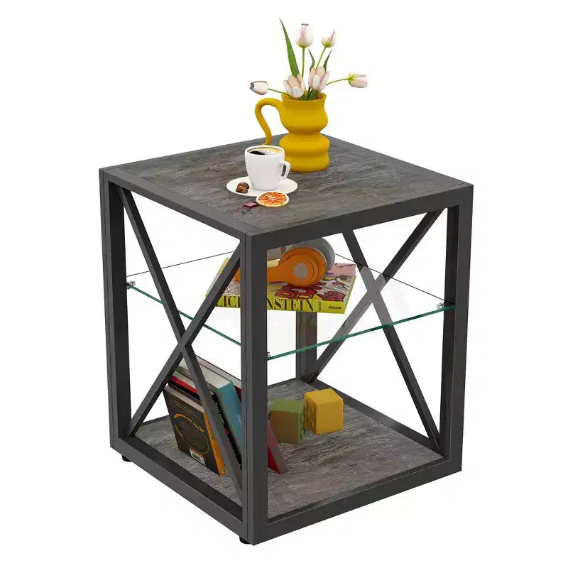 Table de Chevet/d'Appoint Industrielle Moderne - Dessus en Verre Trempé et Bois MDF Naturel avec Cadre Métallique pour Chambre et Salon