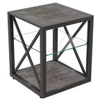 Table de Chevet/d'Appoint Industrielle Moderne - Dessus en Verre Trempé et Bois MDF Naturel avec Cadre Métallique pour Chambre et Salon