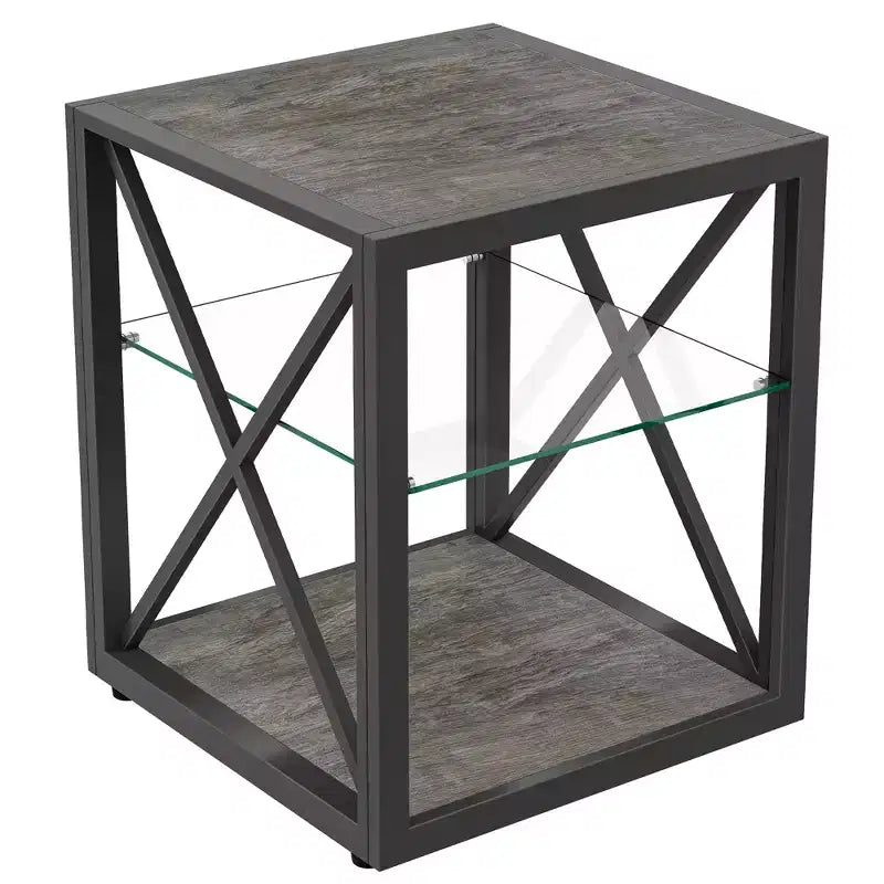 Table de Chevet/d'Appoint Industrielle Moderne - Dessus en Verre Trempé et Bois MDF Naturel avec Cadre Métallique pour Chambre et Salon