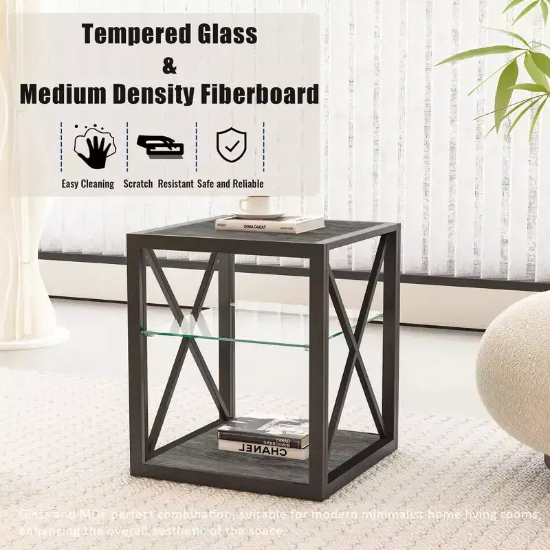 Table de Chevet/d'Appoint Industrielle Moderne - Dessus en Verre Trempé et Bois MDF Naturel avec Cadre Métallique pour Chambre et Salon