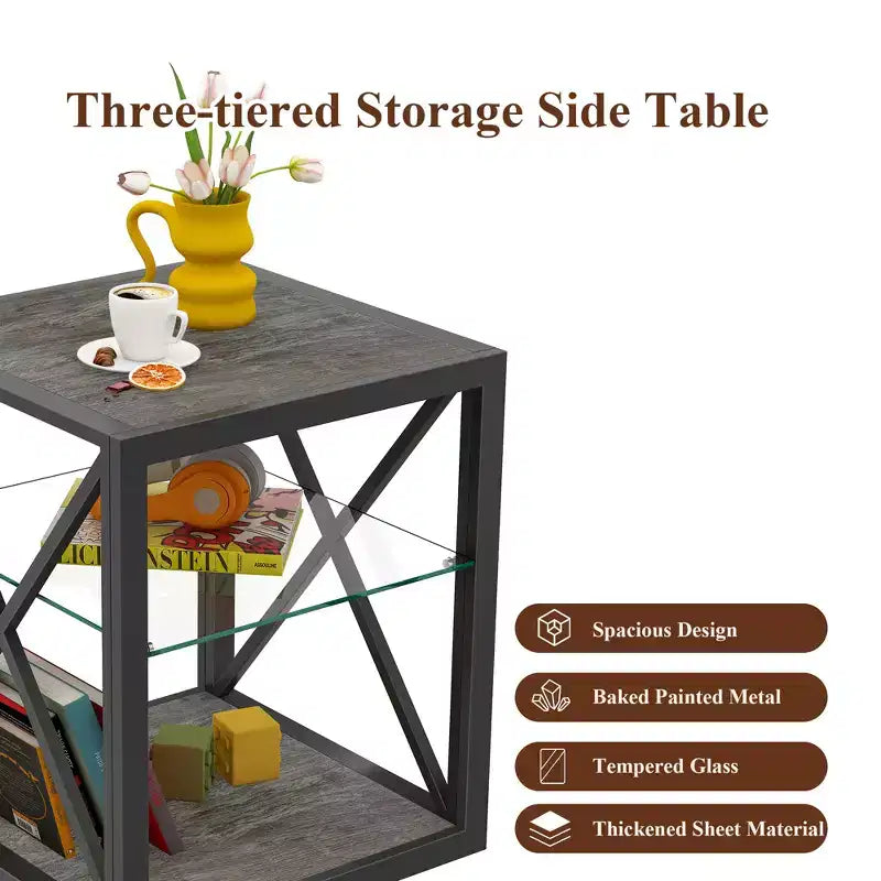Table de Chevet/d'Appoint Industrielle Moderne - Dessus en Verre Trempé et Bois MDF Naturel avec Cadre Métallique pour Chambre et Salon