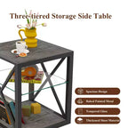 Table de Chevet/d'Appoint Industrielle Moderne - Dessus en Verre Trempé et Bois MDF Naturel avec Cadre Métallique pour Chambre et Salon