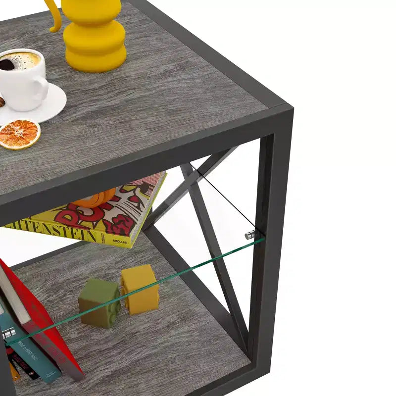 Table de Chevet/d'Appoint Industrielle Moderne - Dessus en Verre Trempé et Bois MDF Naturel avec Cadre Métallique pour Chambre et Salon