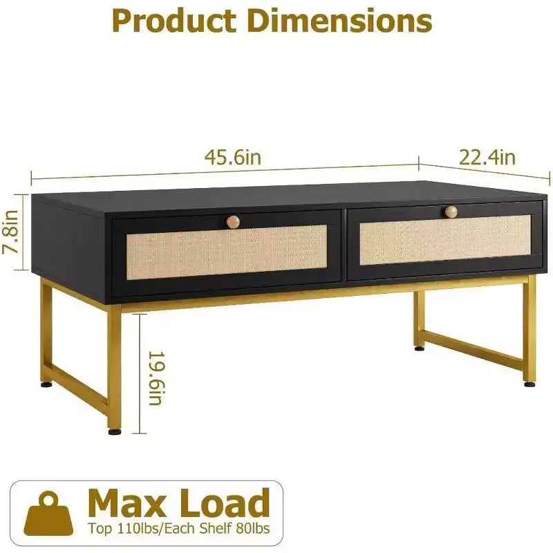 Table basse avec compartiment caché et étagère de rangement, table basse de 116 cm avec panneau de porte en rotin tressé, convient pour le salon, l'appartement