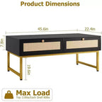 Table basse avec compartiment caché et étagère de rangement, table basse de 116 cm avec panneau de porte en rotin tressé, convient pour le salon, l'appartement