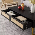 Table basse avec compartiment caché et étagère de rangement, table basse de 116 cm avec panneau de porte en rotin tressé, convient pour le salon, l'appartement