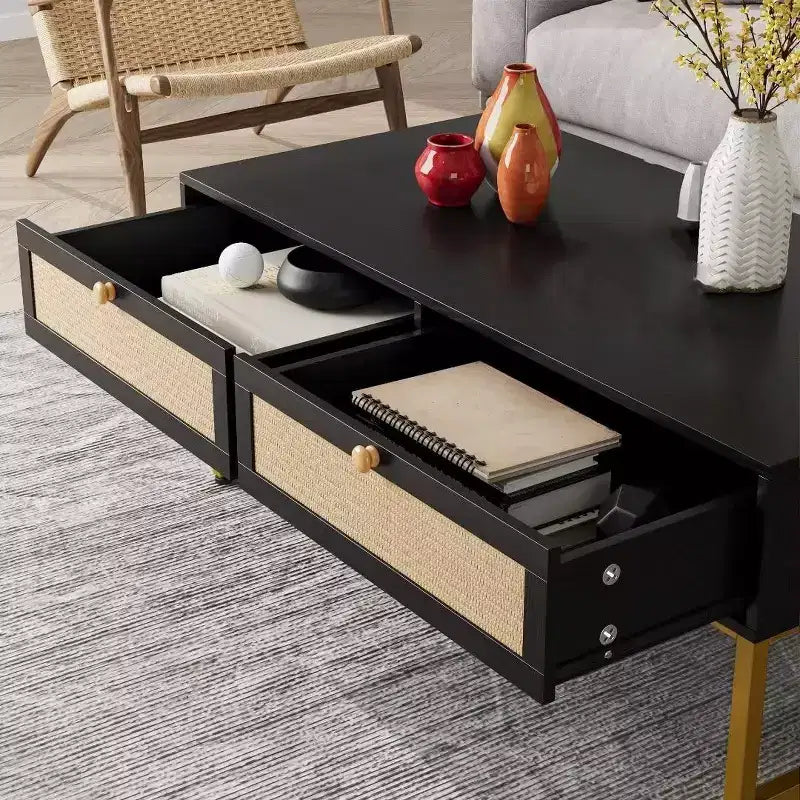 Table basse avec compartiment caché et étagère de rangement, table basse de 116 cm avec panneau de porte en rotin tressé, convient pour le salon, l'appartement