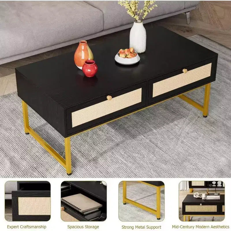 Table basse avec compartiment caché et étagère de rangement, table basse de 116 cm avec panneau de porte en rotin tressé, convient pour le salon, l'appartement