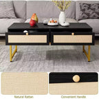 Table basse avec compartiment caché et étagère de rangement, table basse de 116 cm avec panneau de porte en rotin tressé, convient pour le salon, l'appartement