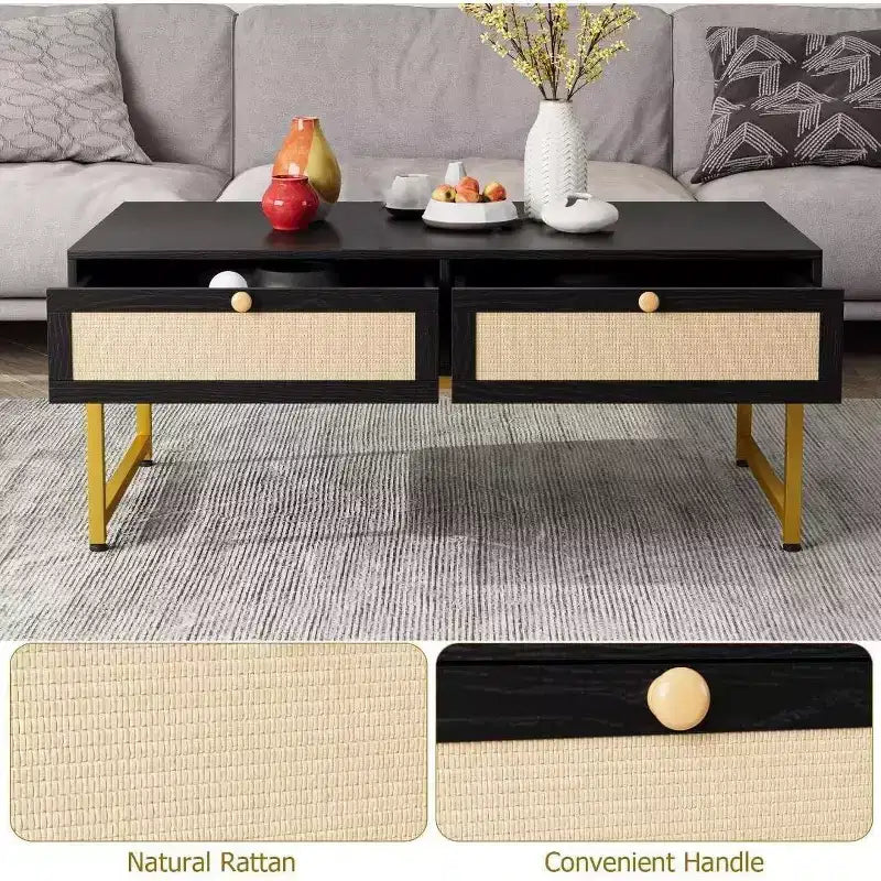 Table basse avec compartiment caché et étagère de rangement, table basse de 116 cm avec panneau de porte en rotin tressé, convient pour le salon, l'appartement