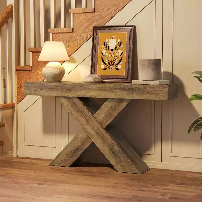 Lantine 55 Table Console d'entrée, Table Console Étroite Design en X, pour Salon, Couloir, Entrée, Marron Rustique