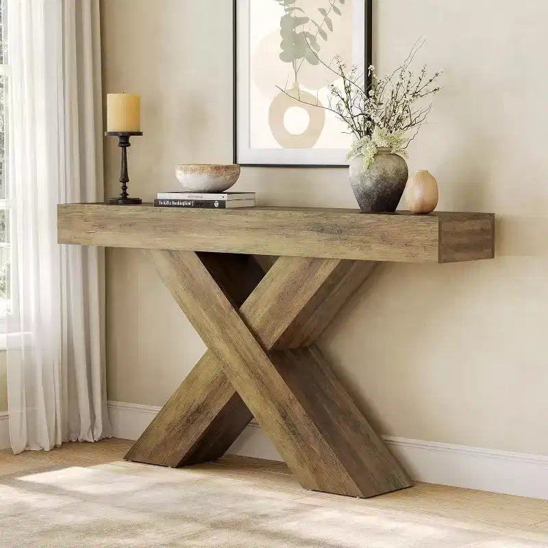 Lantine 55 Table Console d'entrée, Table Console Étroite Design en X, pour Salon, Couloir, Entrée, Marron Rustique