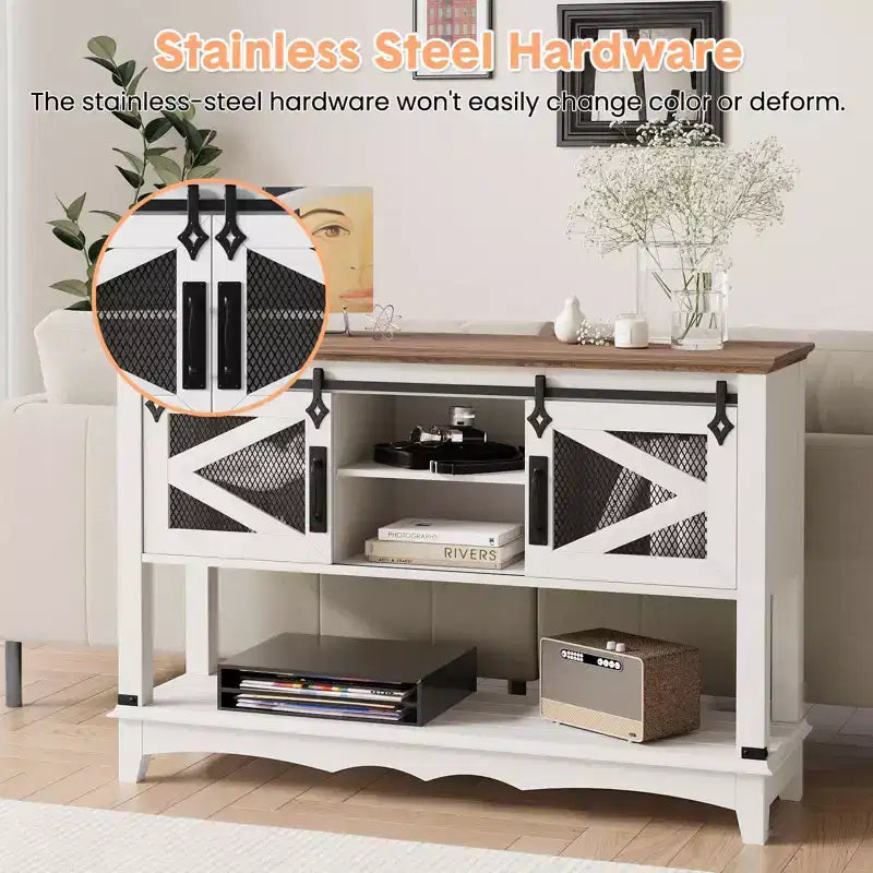 Table d'entrée avec portes coulissantes façon grange, Console de ferme avec rangement, Table de canapé rustique avec étagère réglable pour entrée, couloir, salon