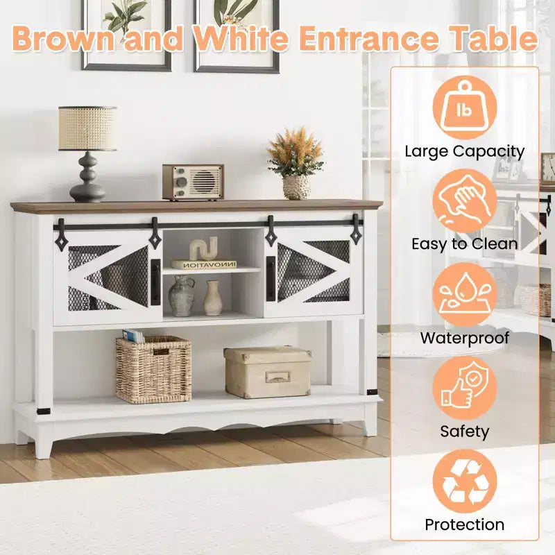 Table d'entrée avec portes coulissantes façon grange, Console de ferme avec rangement, Table de canapé rustique avec étagère réglable pour entrée, couloir, salon