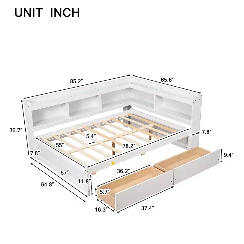 Lit d'angle Bellemave pleine grandeur avec tiroirs de rangement, lit de repos avec bibliothèques en L, lit de repos d'angle pleine grandeur pour enfants, adolescents et adultes, blanc