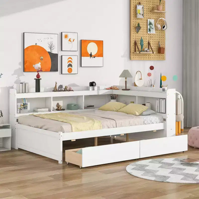 Lit d'angle Bellemave pleine grandeur avec tiroirs de rangement, lit de repos avec bibliothèques en L, lit de repos d'angle pleine grandeur pour enfants, adolescents et adultes, blanc