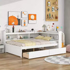 Lit d'angle Bellemave pleine grandeur avec tiroirs de rangement, lit de repos avec bibliothèques en L, lit de repos d'angle pleine grandeur pour enfants, adolescents et adultes, blanc