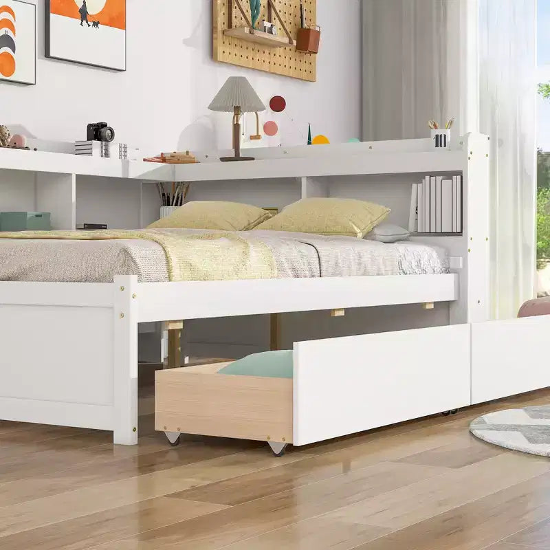 Lit d'angle Bellemave pleine grandeur avec tiroirs de rangement, lit de repos avec bibliothèques en L, lit de repos d'angle pleine grandeur pour enfants, adolescents et adultes, blanc