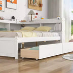 Lit d'angle Bellemave pleine grandeur avec tiroirs de rangement, lit de repos avec bibliothèques en L, lit de repos d'angle pleine grandeur pour enfants, adolescents et adultes, blanc