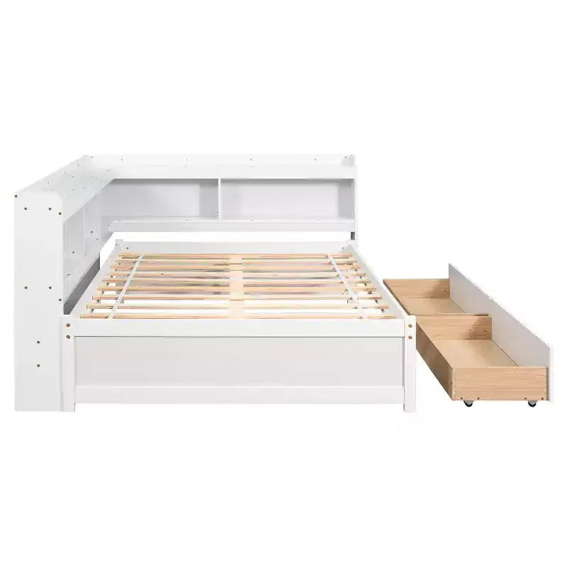 Lit d'angle Bellemave pleine grandeur avec tiroirs de rangement, lit de repos avec bibliothèques en L, lit de repos d'angle pleine grandeur pour enfants, adolescents et adultes, blanc