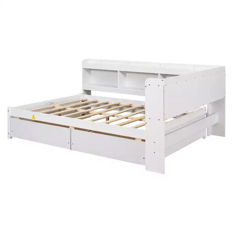 Lit d'angle Bellemave pleine grandeur avec tiroirs de rangement, lit de repos avec bibliothèques en L, lit de repos d'angle pleine grandeur pour enfants, adolescents et adultes, blanc