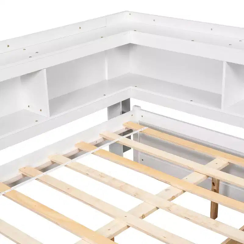 Lit d'angle Bellemave pleine grandeur avec tiroirs de rangement, lit de repos avec bibliothèques en L, lit de repos d'angle pleine grandeur pour enfants, adolescents et adultes, blanc