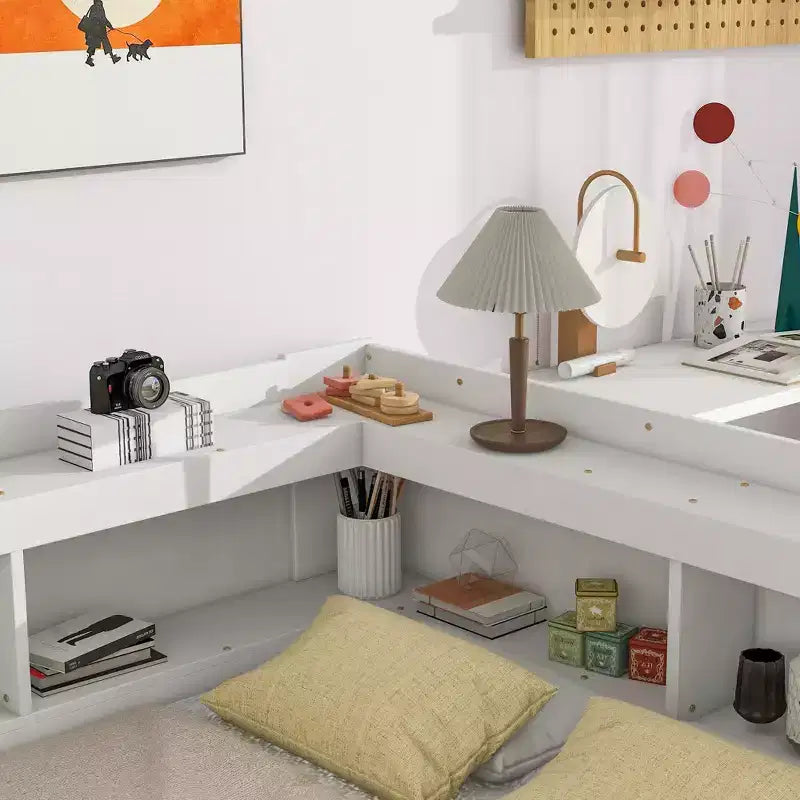 Lit d'angle Bellemave pleine grandeur avec tiroirs de rangement, lit de repos avec bibliothèques en L, lit de repos d'angle pleine grandeur pour enfants, adolescents et adultes, blanc