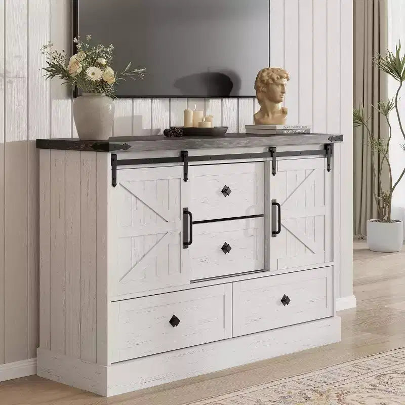 45 Farmhouse Dresser - 4 Drawers & Sliding Barn Doors, TV Stand for Bedroom & Living Room