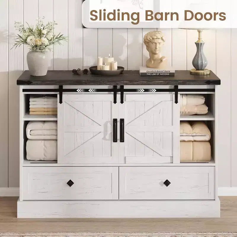 Commode de ferme de 114 cm - 4 tiroirs et portes coulissantes style grange, meuble TV pour chambre et salon