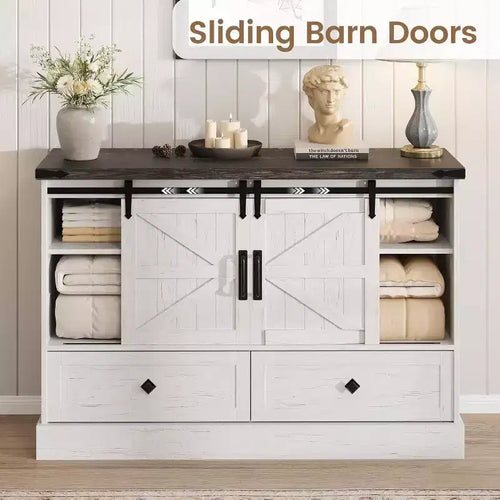 Commode de ferme de 114 cm - 4 tiroirs et portes coulissantes style grange, meuble TV pour chambre et salon